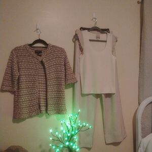 Jones New York Cream and Brown Women's Outfit, Pants are From Halara